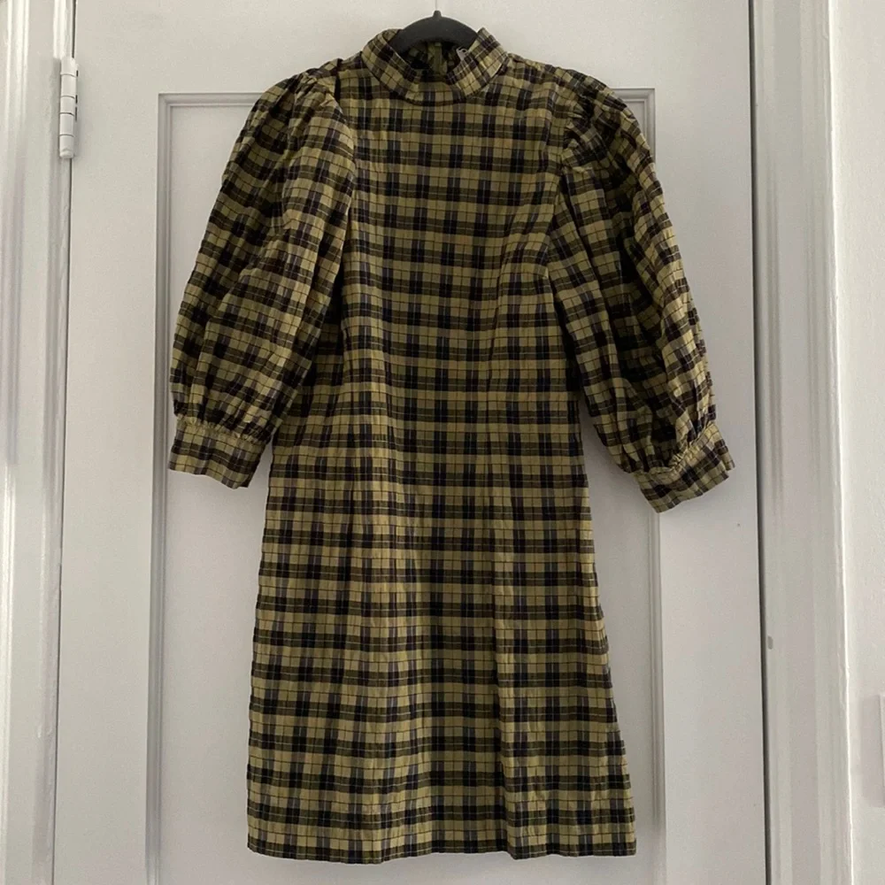 Ganni | Dresses | Ganni Green And Black Plaid Printed 34 Sleeve Mini Dress  | Poshmark